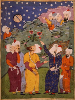 Illustration taken from a "Falnameh," a sixteenth century Persian book of prophesies. Artist unknown; watercolor painting; Mohammed is the veiled figure on the right. Currently housed in The Saxon State Library, Dresden, Germany, part of an exhibition that was displayed at The Library of Congress in 1996. 